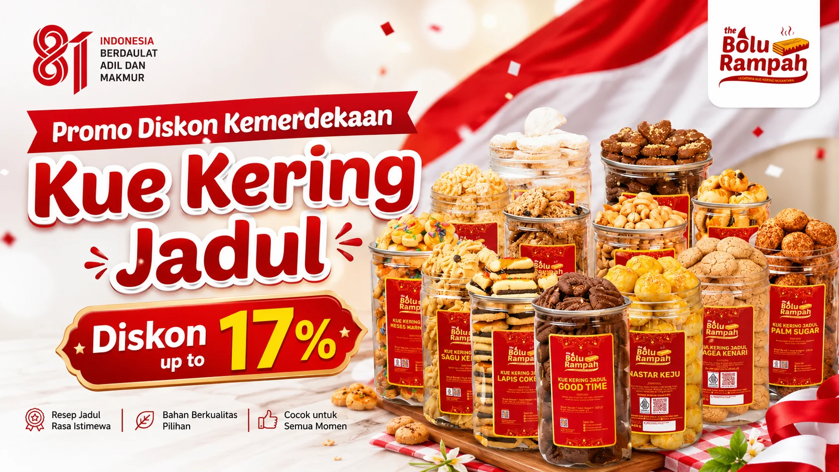 Diskon Spesial Kemerdekaan 17% Kue Kering The Bolu Rampah
